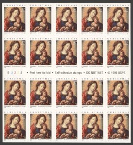 2002 US Scott #3675a,  37 Madonna & Child by Gossaert, Booklet Pane of 20 MNH