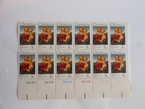 1973 S Madonna by Raphael, Plate Block of 12 8c Postage Stamps, Sc#1507, MNH, OG