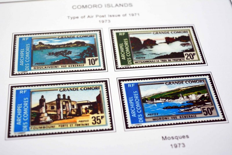 COLOR PRINTED COMOROS 1892-1975 STAMP ALBUM PAGES (25 illustrated pages)