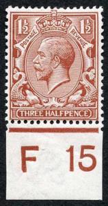 SG362 1 1/2d Red-Brown Wmk Royal Cypher Control F15 (i) M/M