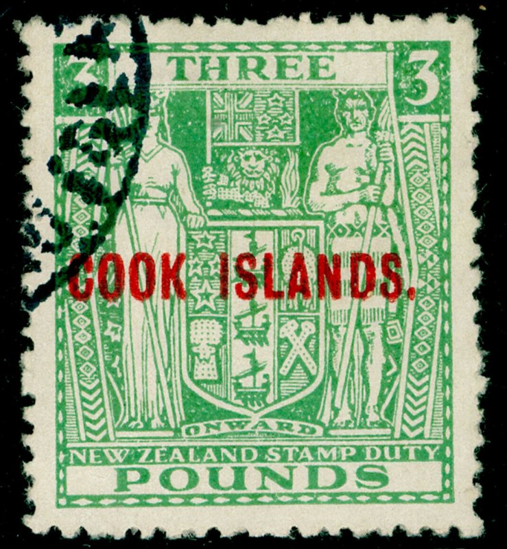 COOK ISLANDS SG135Wi, £3 green, FINE USED. Cat £180. WMK INV.