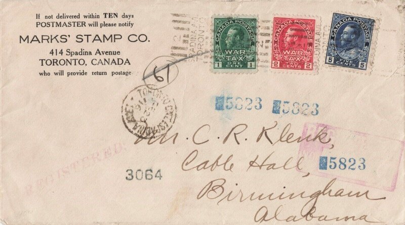 Canada 1916 Registered War Tax Admiral Cover Toronto Spadina Ave to Alabama USA 