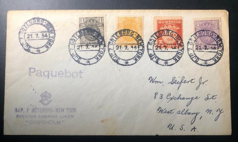 1934 Goteborg Sweden Paqueboat Cover To Albany NY USA Via Gripsholm