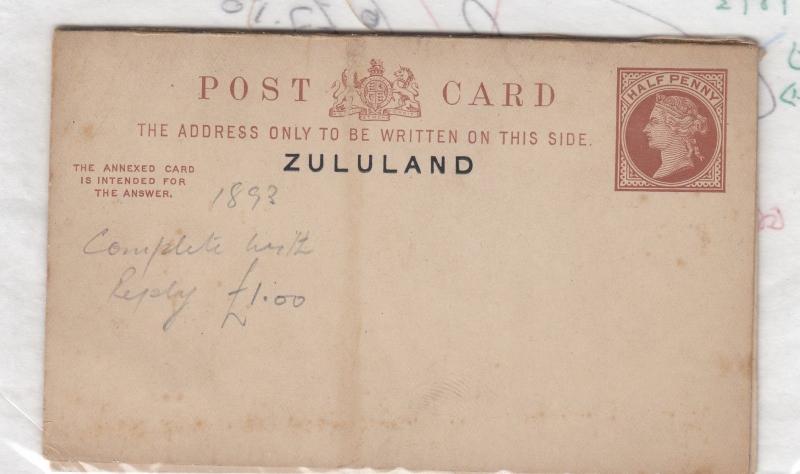 Zululand QV 1893 Postal Stationery With Reply Card Unused J1723