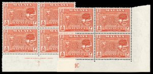 Malaya- Malacca 1960 QEII 2c orange-red Imprint and Plate blocks MNH. SG 51.