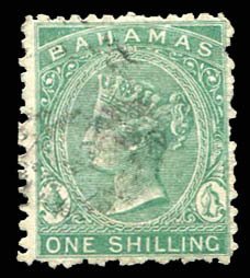 Bahamas #15 (SG 38) Cat£30, 1865 1sh green, used, signed Diena
