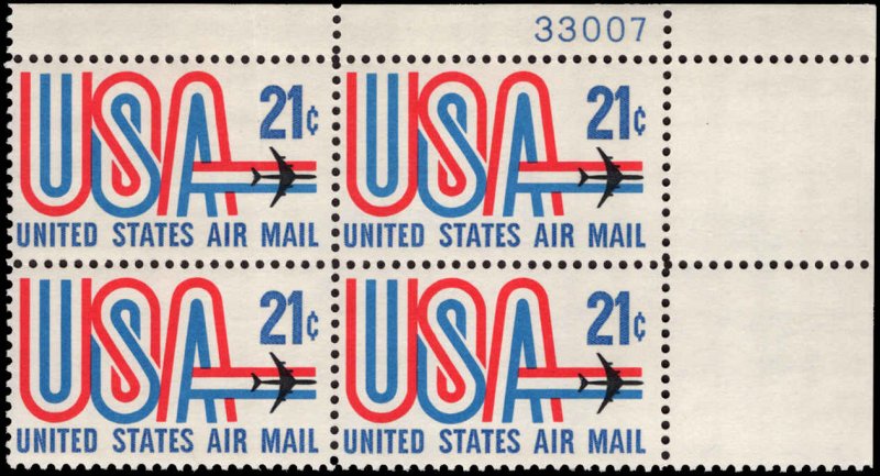 US #C81 21¢ USA & JET MNH UR PLATE BLOCK #33007 DURLAND $2.00