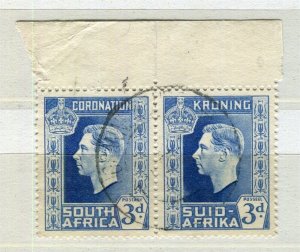 SOUTH AFRICA; 1937 early GVI Coronation issue used POSTMARK PAIR 3d. value