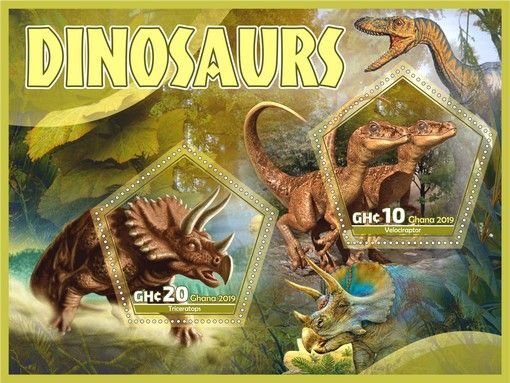 Stamps.Fauna. Dinosaurs 2019 year 1+1 sheets perforated Ghana