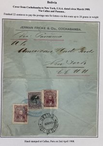 1908 Cochabamba Bolivia commercial Cover To New York USA