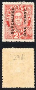 Tonga SG30d 1d on 2 1/2d vermilion Stop after Postage used Cat 150 pounds