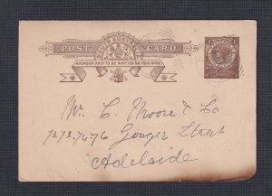 SOUTH AUSTRALIA 1887 1D POSTAL STATIONERY CARD TARLEE SQUARED CIRCLE TO ADELAIDE