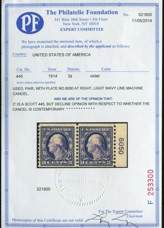 445 Washington Used Coil Pair of 2 Stamps Plate #6050 Selvage with PF Cert!