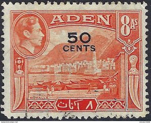 ADEN 1951 KGVI 50c on 8a Red-Orange SG43 Used