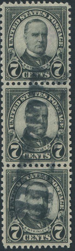 US 639 7 cent McKinley; Used; Vertical strip of 3; NG -- See details and scan