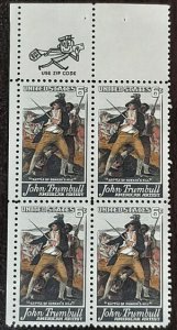 US Scott # 1361; 6c J Trumbull from 1968; MNH, og; zip block of 4; VF;