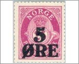 Norway Mint NK 117 Posthorn - surcharged 5 Øre Red lilac