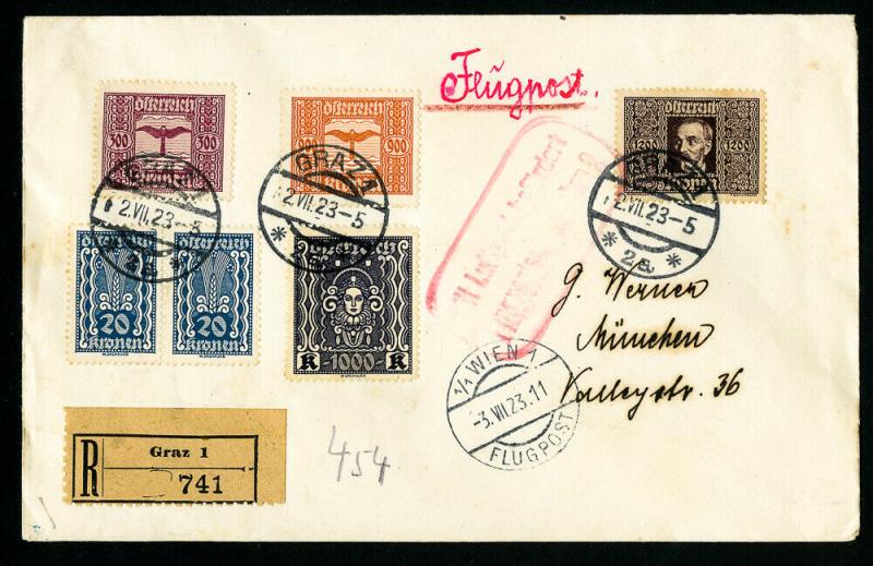 Austria Stamps Cover Flown Registered and Backstamped from Graz to Munich