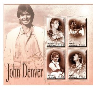 Antigua 2004 John Denver 1970's American Folk Music Hero - Sheet of 4 Stamps MNH