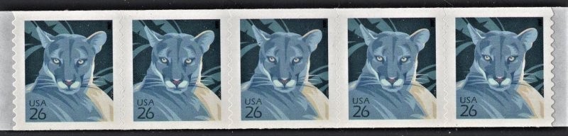 US 4141 MNH VF 26 Cent Florida Panther Coil Strip of 5 Mottled Tagging