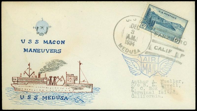 12/3/35 USS MACON Cover, HAND PAINTED Cachet, MACON MANEUVERS (With) USS MEDUSA!