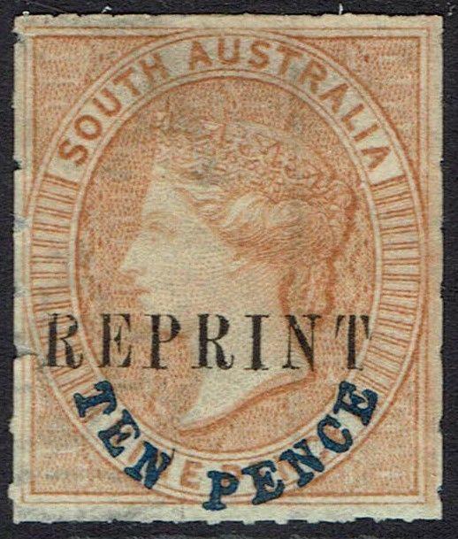 SOUTH AUSTRALIA 1860 QV 10D ON 9D ORANGE OFFICIAL REPRINT NO GUM 