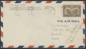 1931 Flight Cover Halifax - Edmonton 1st Continental Air Mail Transfer #3105j