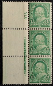 U.S. Mint Stamp Scott #279 1c Franklin Plate # BEP Imprint Sheet of 3. NH.