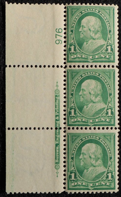 U.S. Mint Stamp Scott #279 1c Franklin Plate # BEP Imprint Sheet of 3. NH.