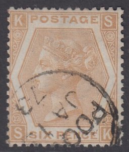 SG 123 6d pale buff plate 12. Very fine used with a Poole CDS, Jan 1873 CAT £350