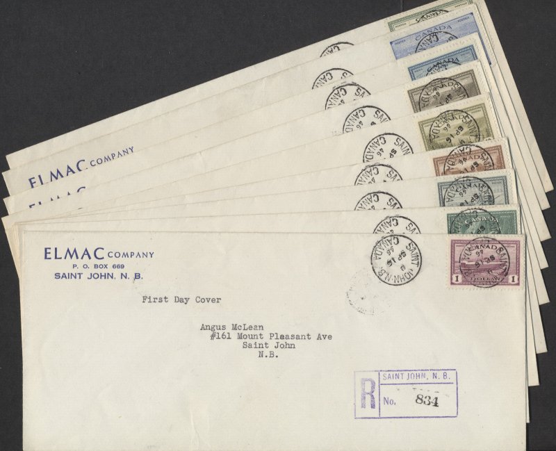 1946 #268-273 C9 CE3 E11 Set of 9 Peace Issue FDCs ELMAC Co St John NB #10 Size
