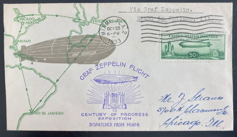 1933 Miami FL USA LZ 127 Graf Zeppelin cover To Century Of Progress Exhibit #C18