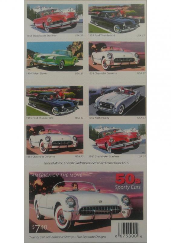 U.S. Scott #3931-3935 50s Cars Stamp- Mint NH Booklet Pane