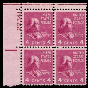 US #808 PLATE BLOCK, SUPERB mint never hinged, 4c Madison,   SUPER CENTERED! ...