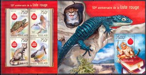 Togo 2014 Animals Red List Birds Monkeys Turtles Cats Sheet + S/S MNH