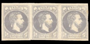 Spain X3, $900, 1874 1r violet, strip of three, hinged, creased, signed