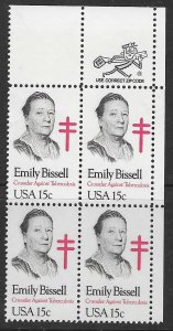 US#1823 15c Emily Bissell ZIP Block of 4 (MNH) CV $1.45