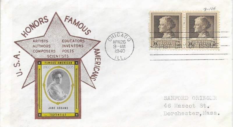 1940 FDC, #878, 10c Jane Addams, Reid M-31
