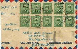 10x1c War Issue Airmail per 1/4oz 1948 to BARBADOS BWI w/receiver Canada cover