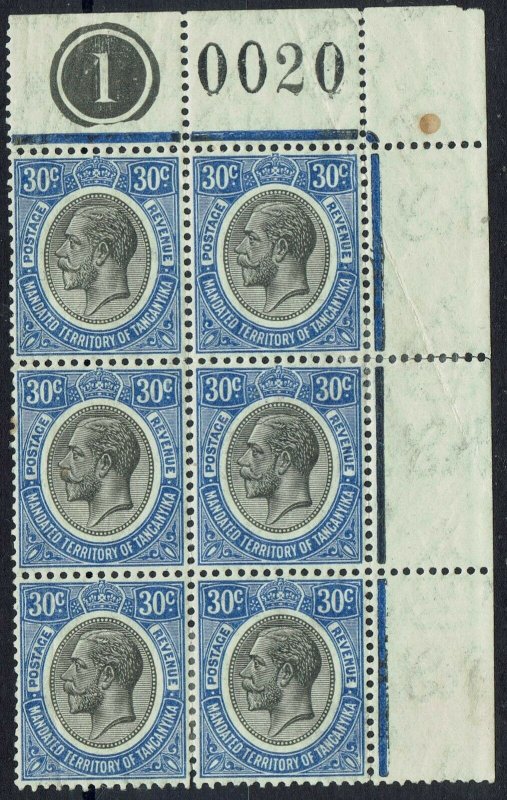 TANGANYIKA 1927 KGV 30C PLATE 1 BLOCK */**