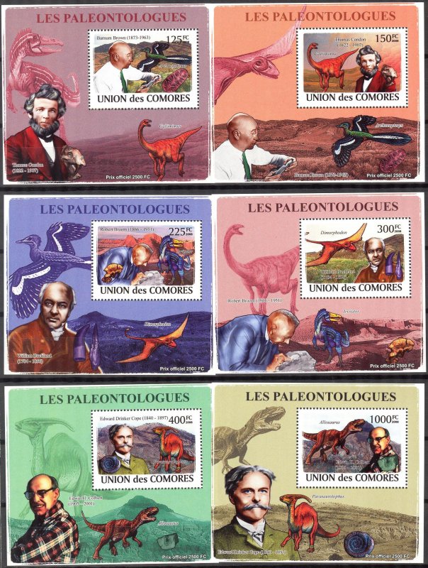 {448} Comoros 2009 Paleontologists Dinosaurs 6 S/S Deluxe MNH**