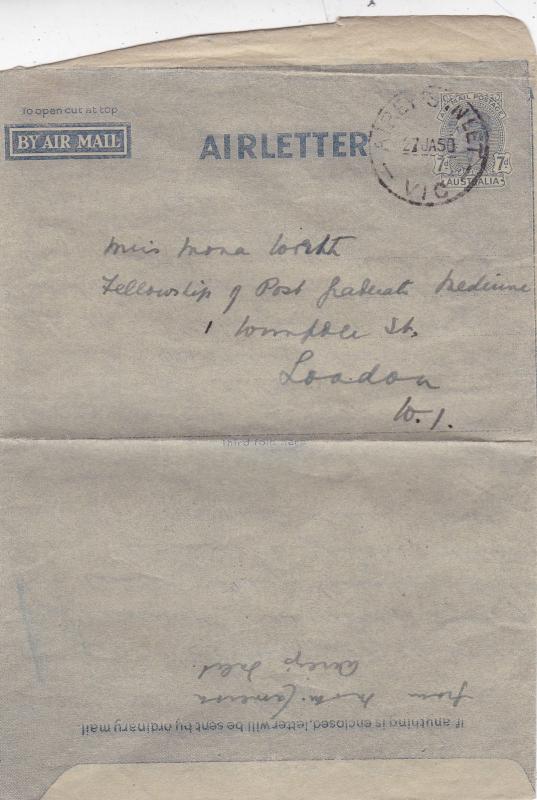 Australia 1950 Airletter 7d Aireys Inlet-London UK Fair Condition