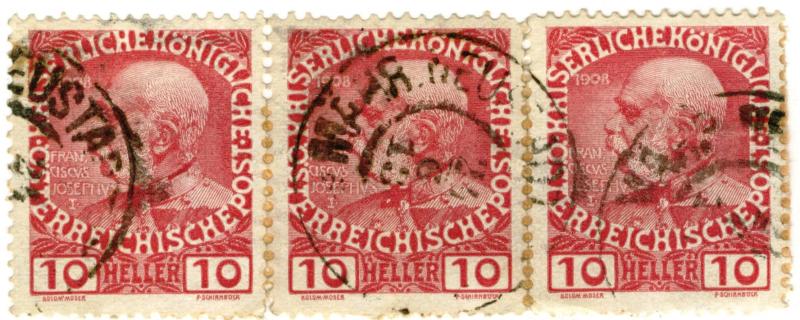 AUSTRIA - SC #115 - USED STRIP OF 3 - 1913 - Item Austria075