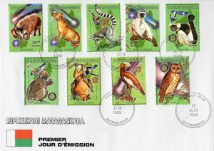 Madagascar 1999 Owl/Rotary/Lions/Scouting Set (9) Perforated Sc#1416 FDC