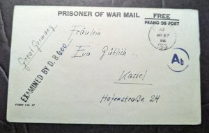 1943 Canada Prisoner of War POW Cover Internment Camp 133 to Kassel Germany