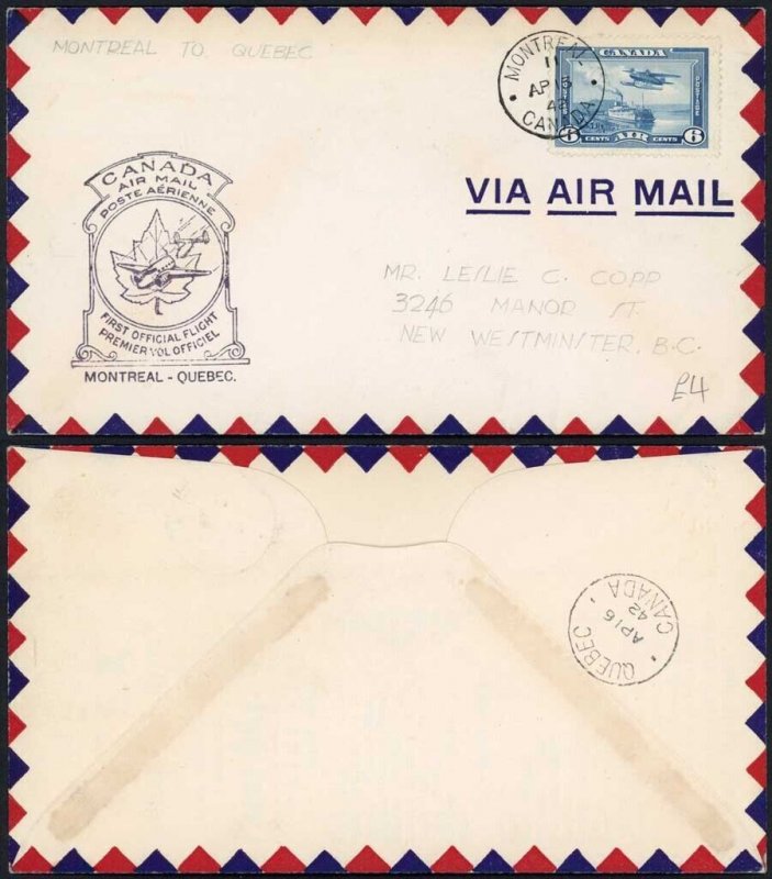 Canada 1942 Montreal to Quebec First Flight Cover