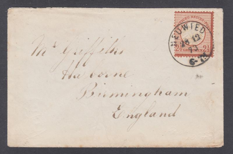 Germany Sc 19 on 1873 Cover Neuwied to Birmingham, crisp cancel