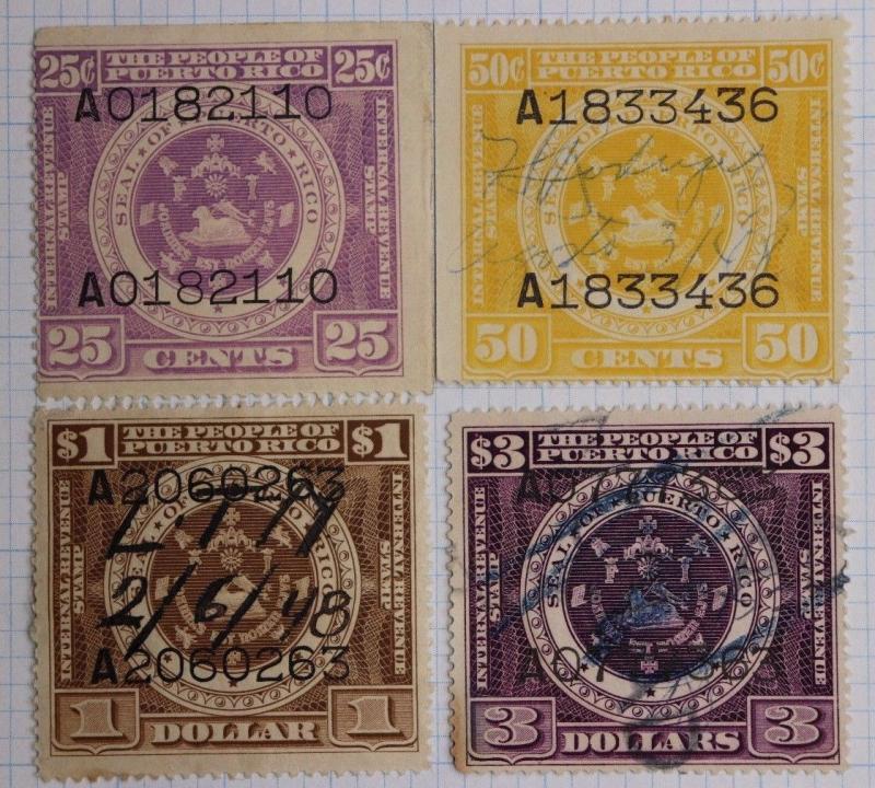 Puerto Rico 1936 Documentary Tax Internal Revenue lot 25c 50c $1 $3 Sello A DL