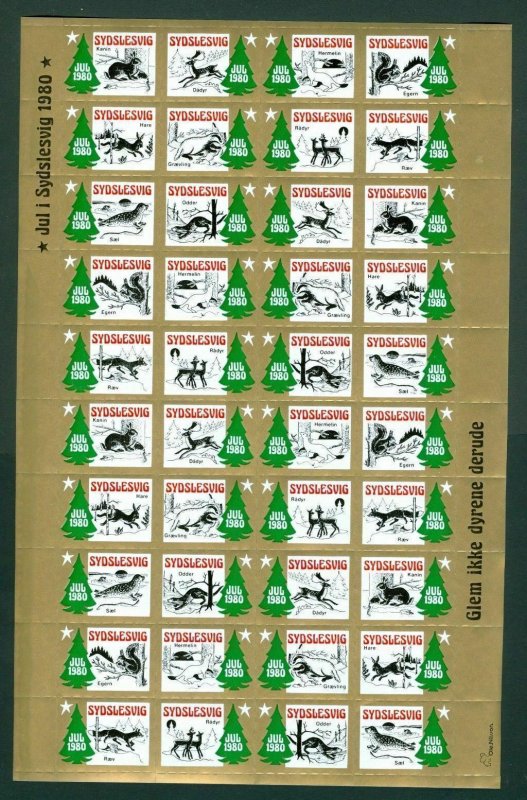 Denmark Southslesvig Christmas Sheet 1980 Mnh. Animals,Seal,Fox,Deer 