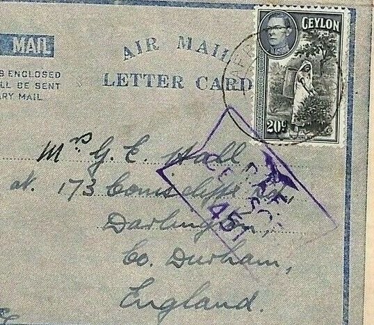 CEYLON Cover WW2 Air Letter *RAF CENSOR 451* Durham {samwells-covers}UU63